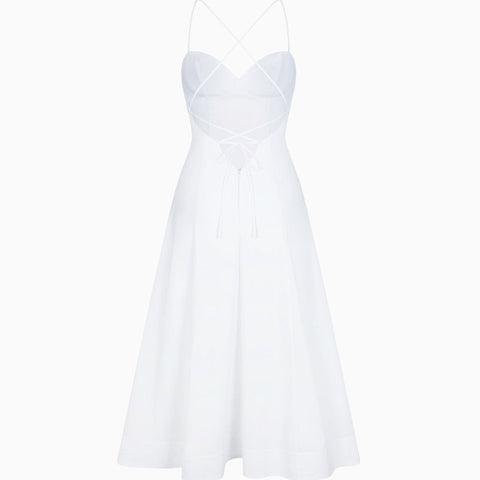 white cotton poplin midi dress White Poplin Low Back Midi Dress Stretch