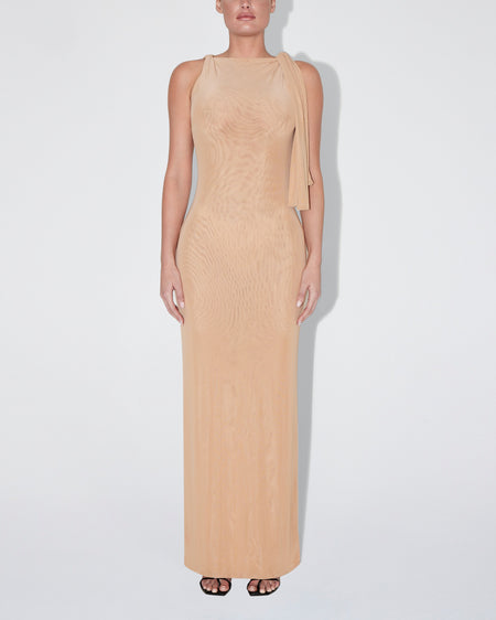 Mesh Stretch Knotted Maxi Dress | Nude