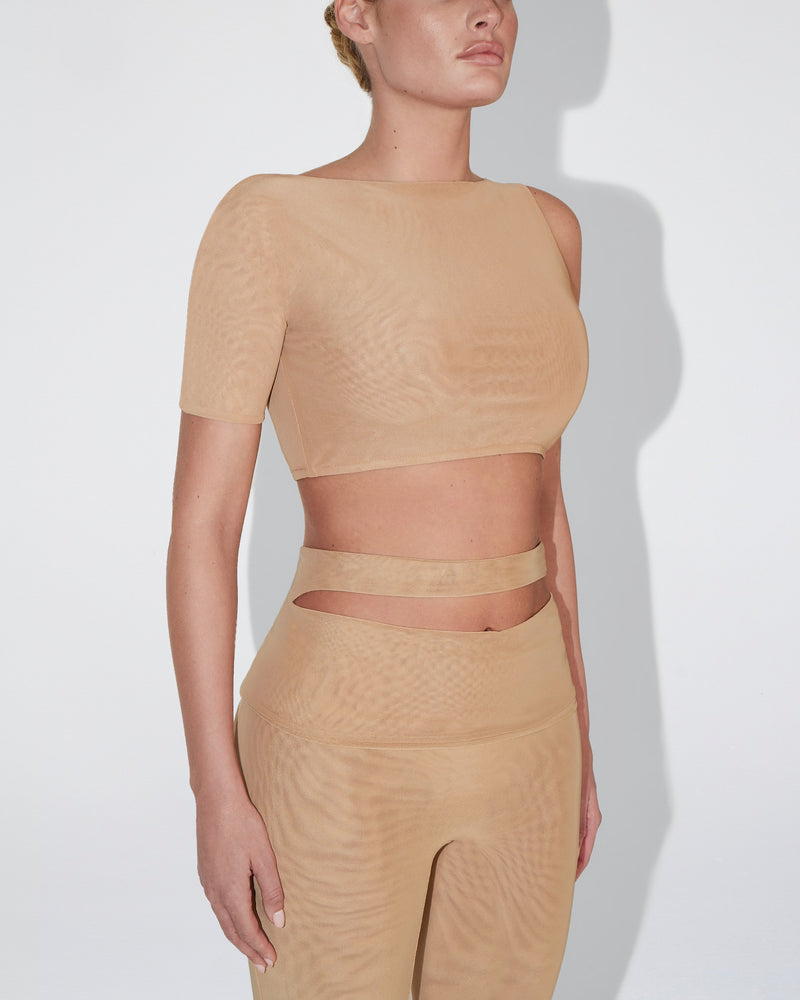 Mesh Stretch Micro One Shoulder Top | Nude