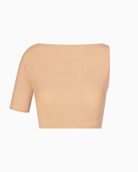 Mesh Stretch Micro One Shoulder Top | Nude