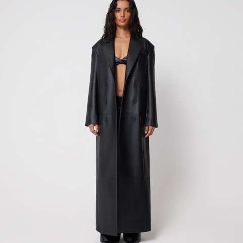 Black Faux Leather Double Breasted Long Coat | Khy