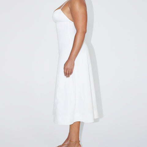 White Poplin Low Back Midi Dress Stretch
