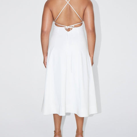 White Poplin Low Back Midi Dress Stretch