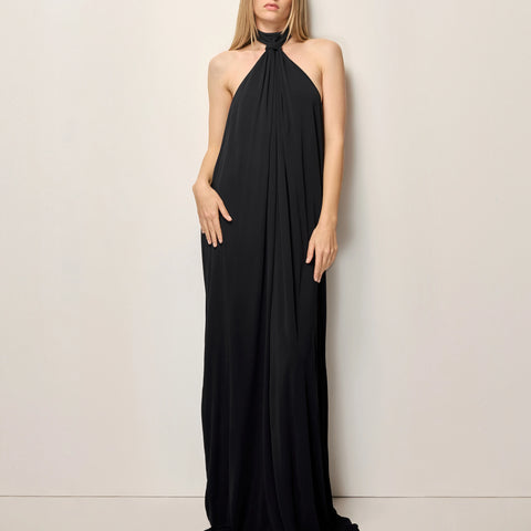 long black dress halter neck Black Knotted Halter Gown Stretch Fitted