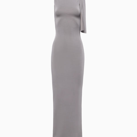 Steel Grey Sueded Stretch Knotted Maxi Dress