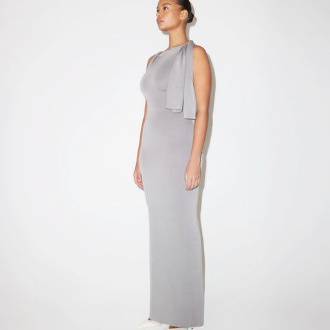 grey faux suede dress Khy by Kylie Jenner - Sueded Stretch Knotted Maxi collaborating with iconic brands