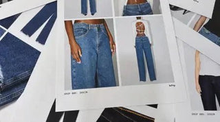 Low-rise pants in blue denim displayed in a fashion catalog with different styling options.