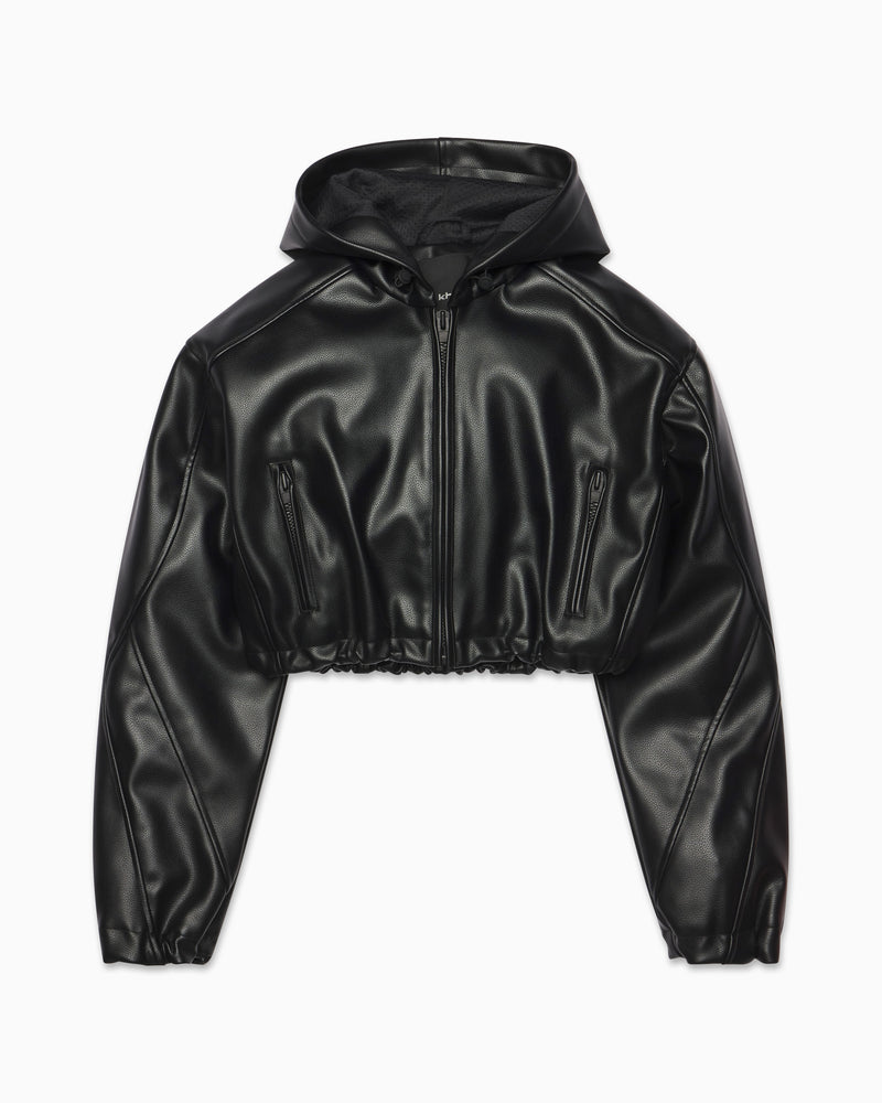 Faux Leather Cropped Hooded Jacket