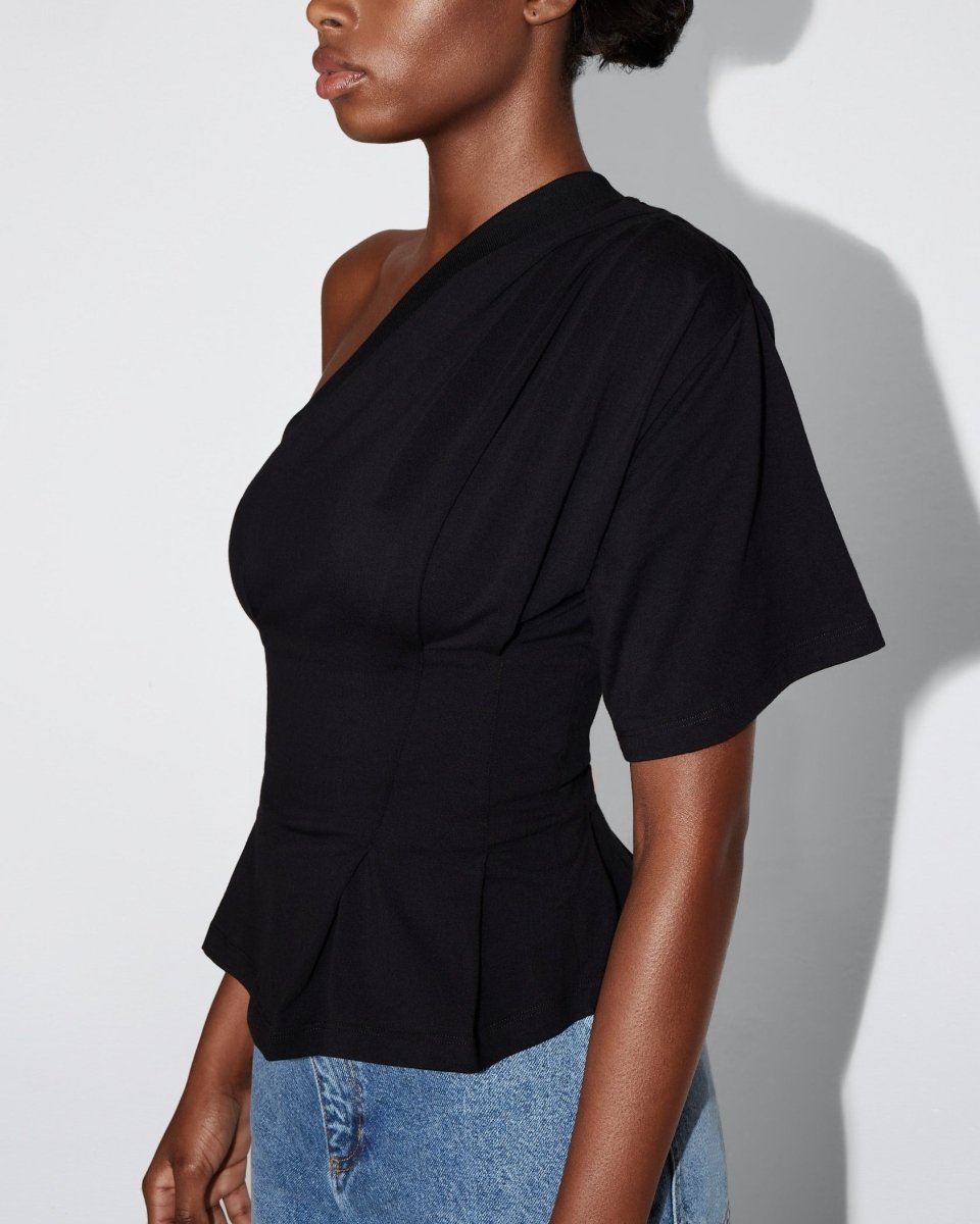 One Shoulder Cinching Tee | Black