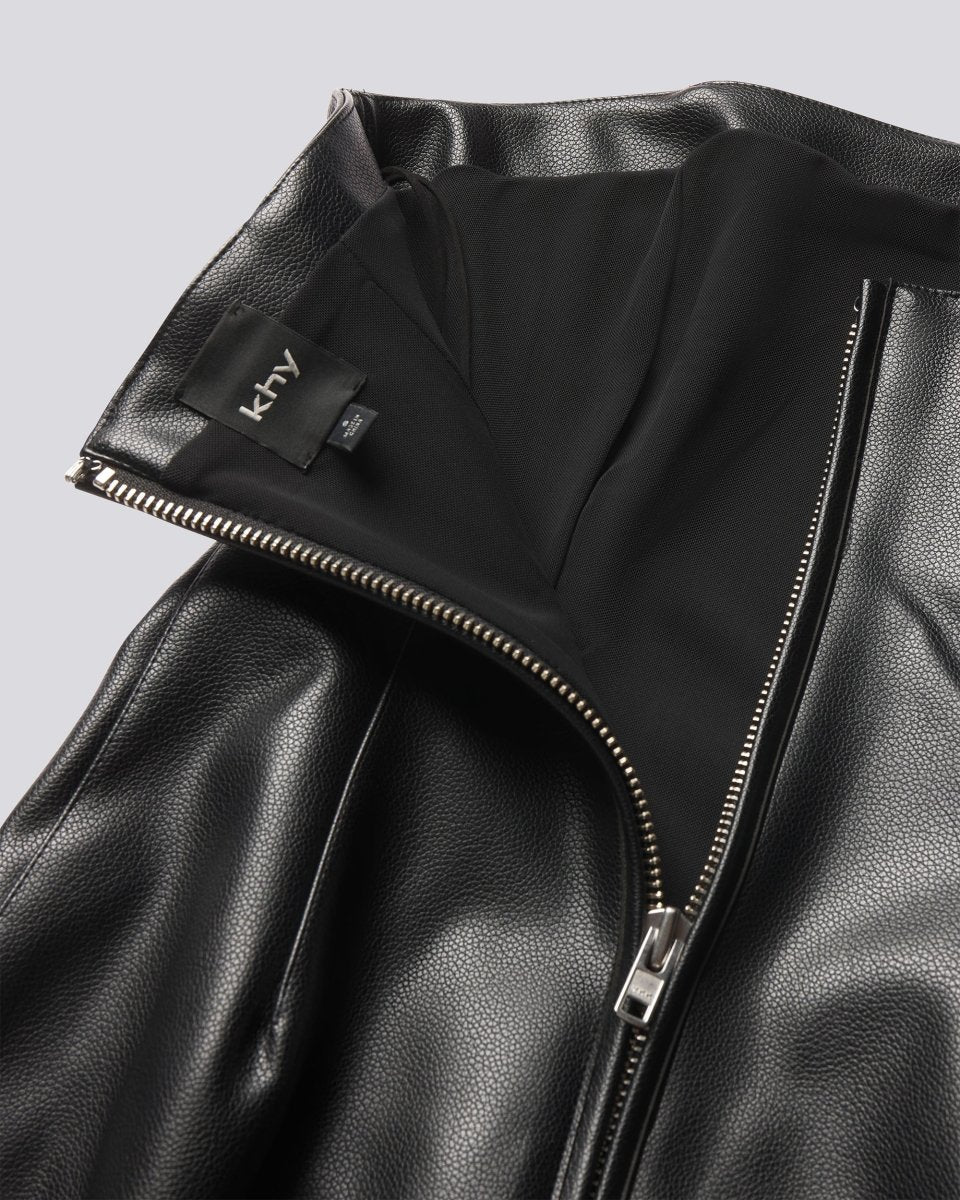 long sleeve black leather dress Khy Womens Black Zip-front Slim-fit Faux-leather Mini Dress L