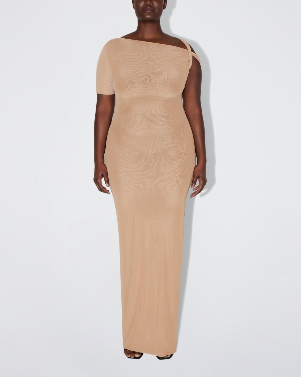 Mesh Stretch Twist Maxi Dress | Nude