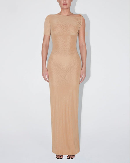 Mesh Stretch Twist Maxi Dress | Nude