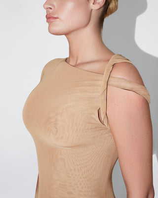 Mesh Stretch Twist Maxi Dress | Nude