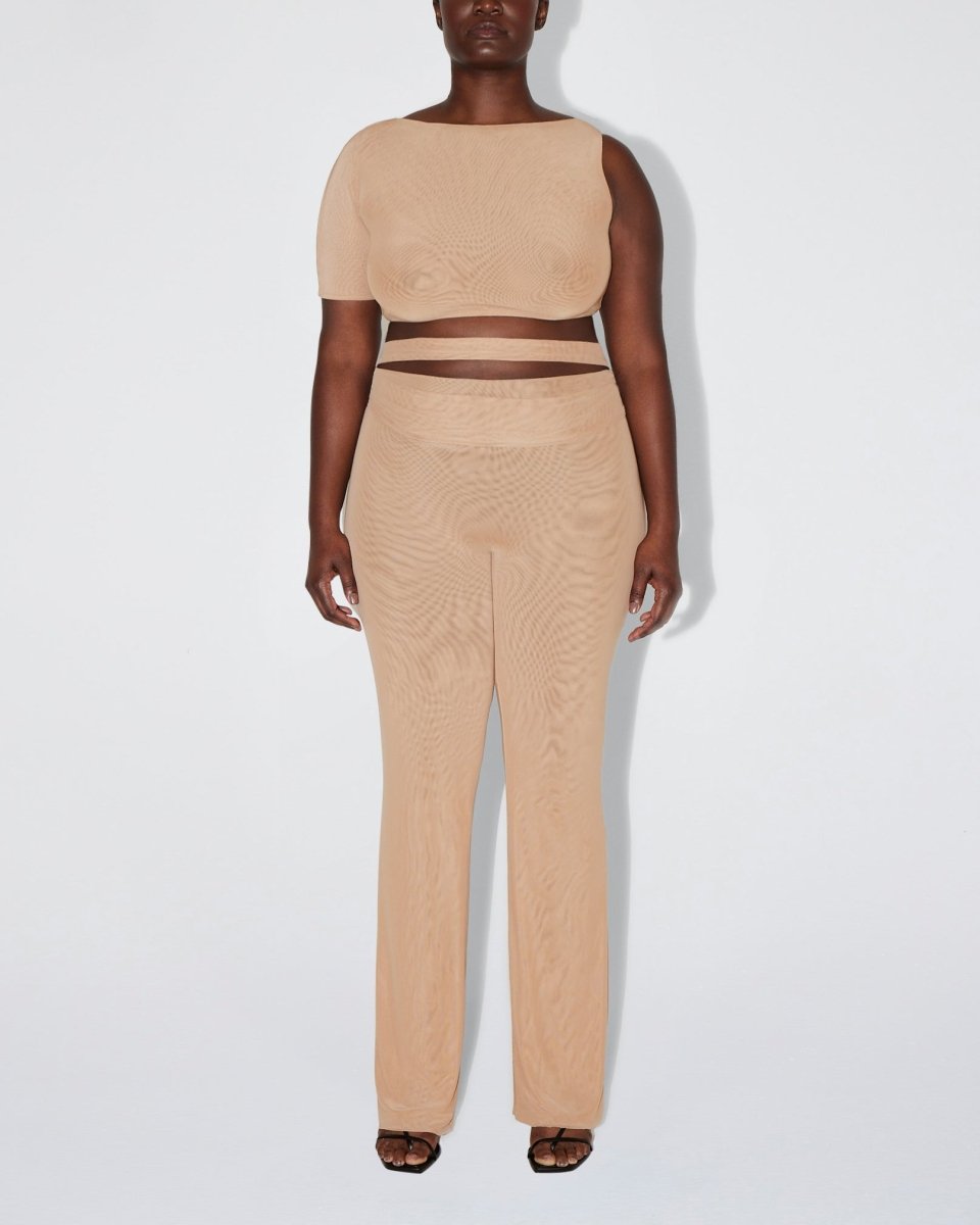 Mesh Stretch Micro One Shoulder Top | Nude