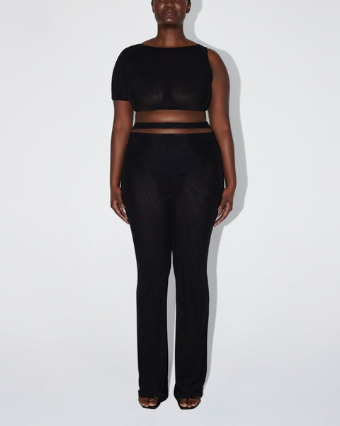 Draped Cut Out Top Mesh Pant in Black