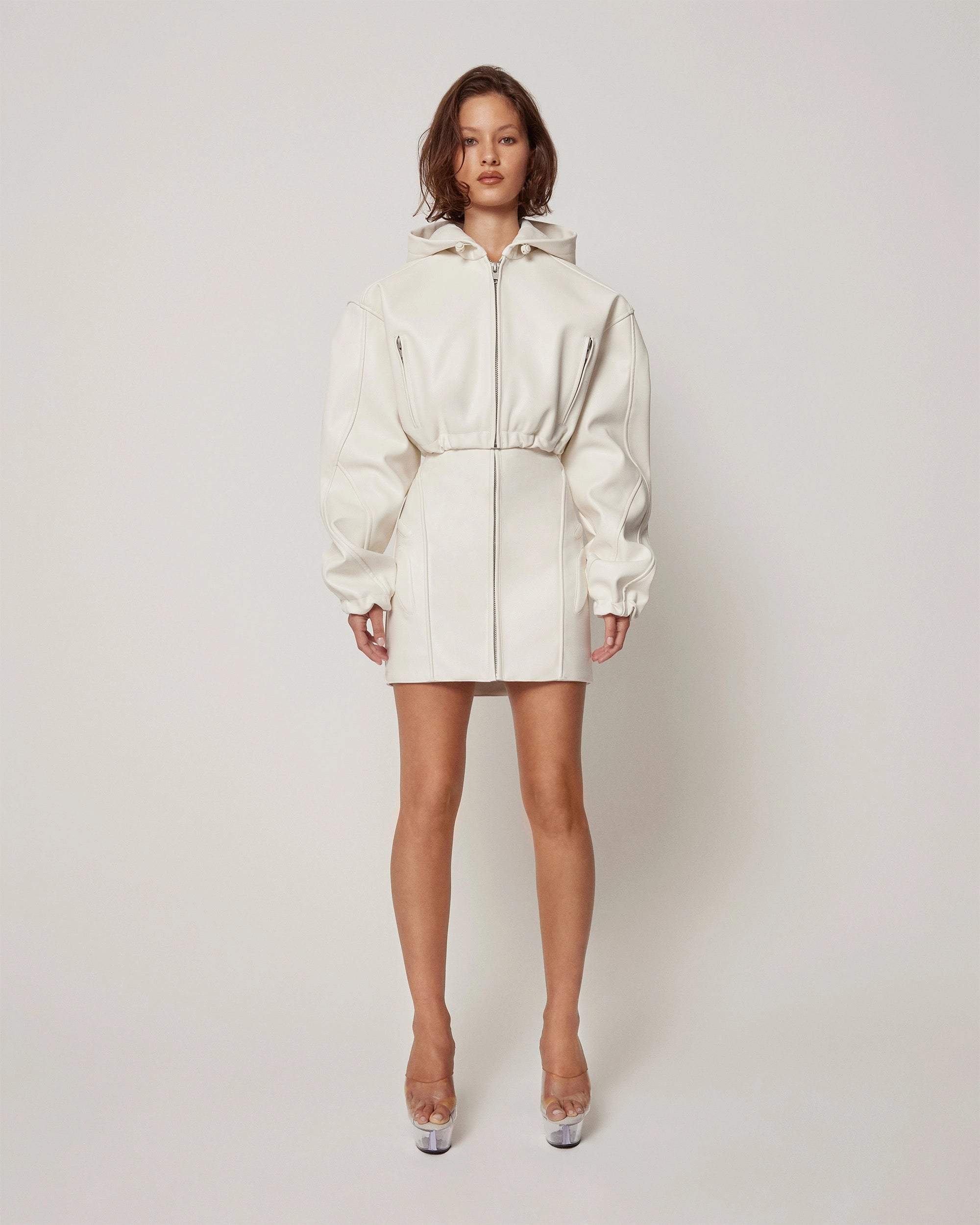 Faux Leather Cropped Hooded Jacket Chalk