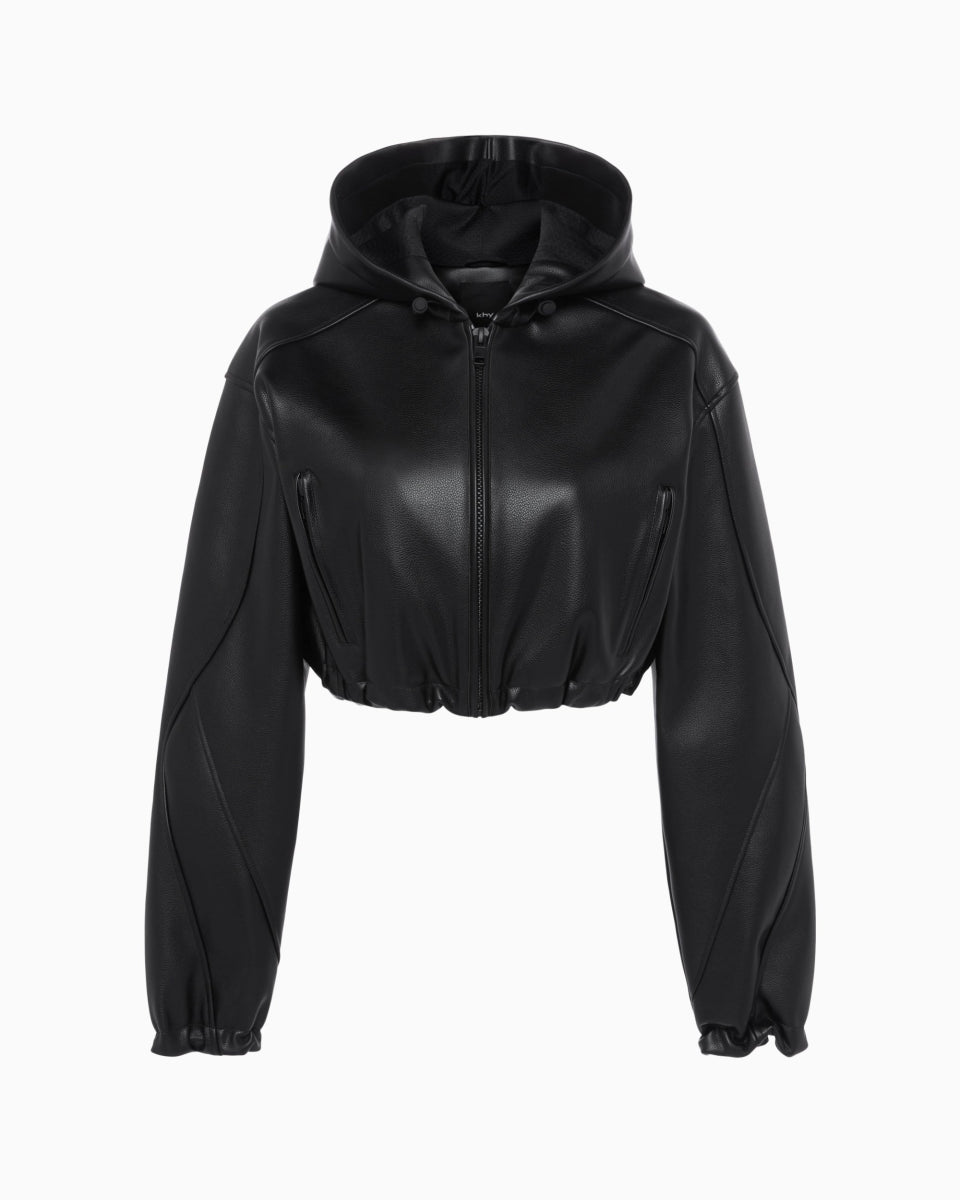 Faux Leather Cropped Hooded Jacket Black