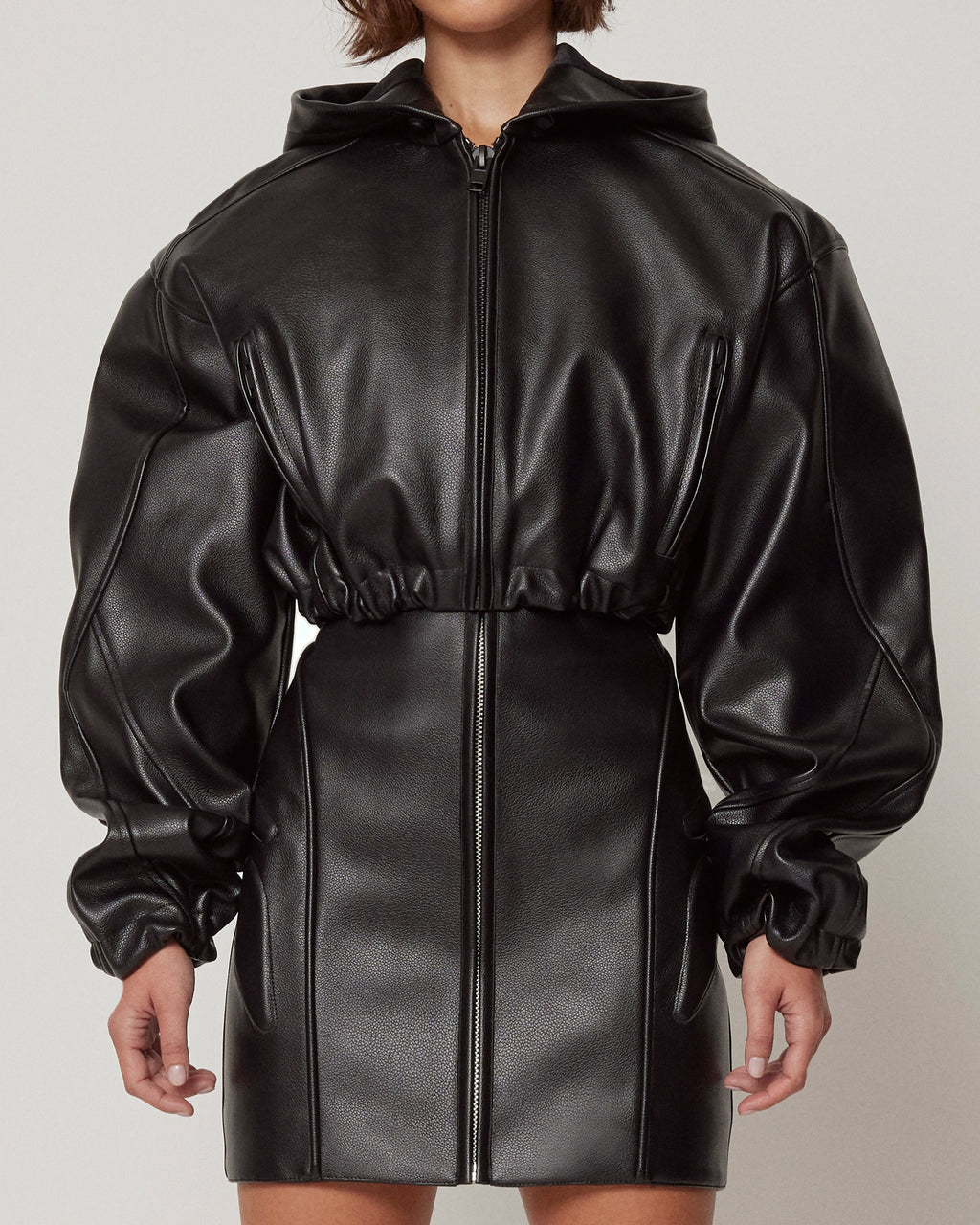 Faux Leather Cropped Hooded Jacket Black – Khy - Main Image