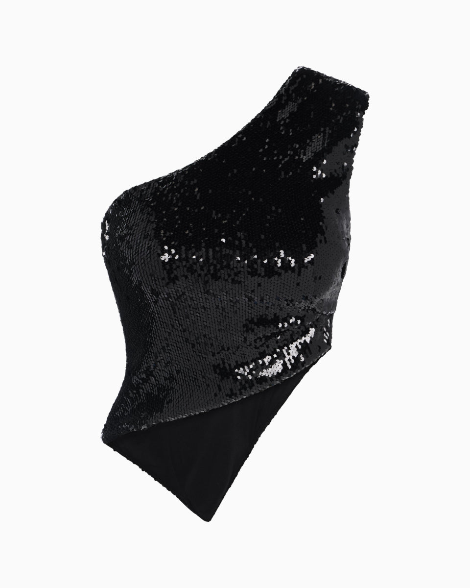 Sequin One Shoulder Top Black Khy