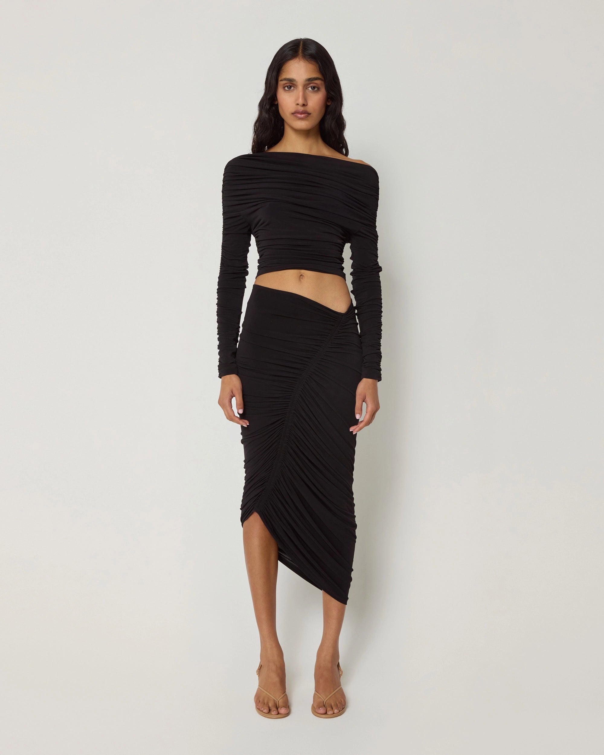 Black Ruched Asymmetrical Midi Skirt | Khy Black Ruched Asymmetrical Midi Skirt | Khy