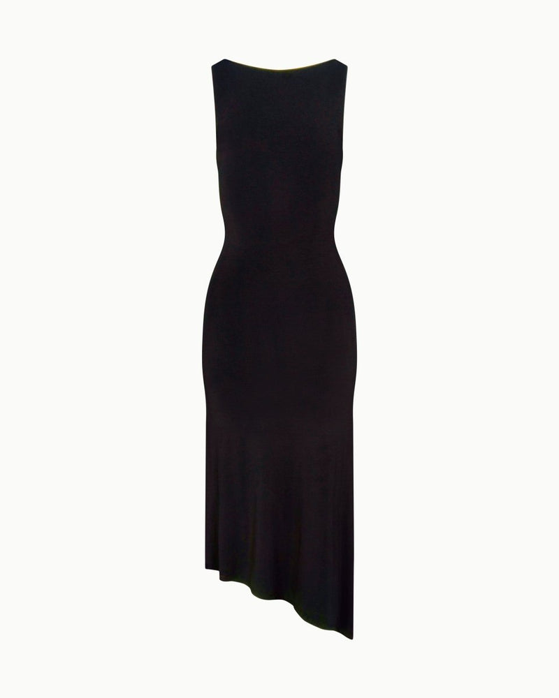 Black Asymmetric Pocket Detail Fluid Silhouette Midi Dress 19090