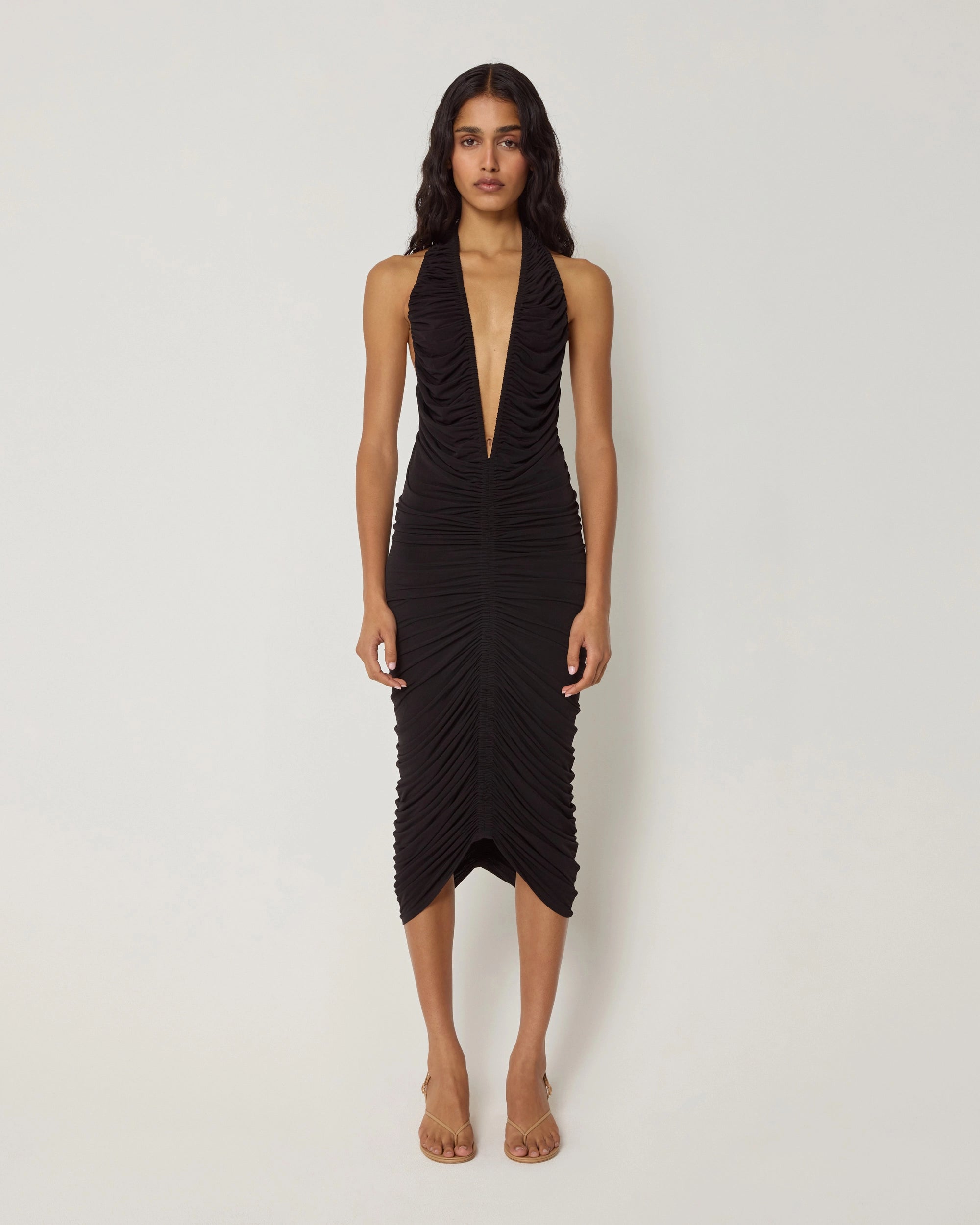 Plunging Ruched Midi Dress Black