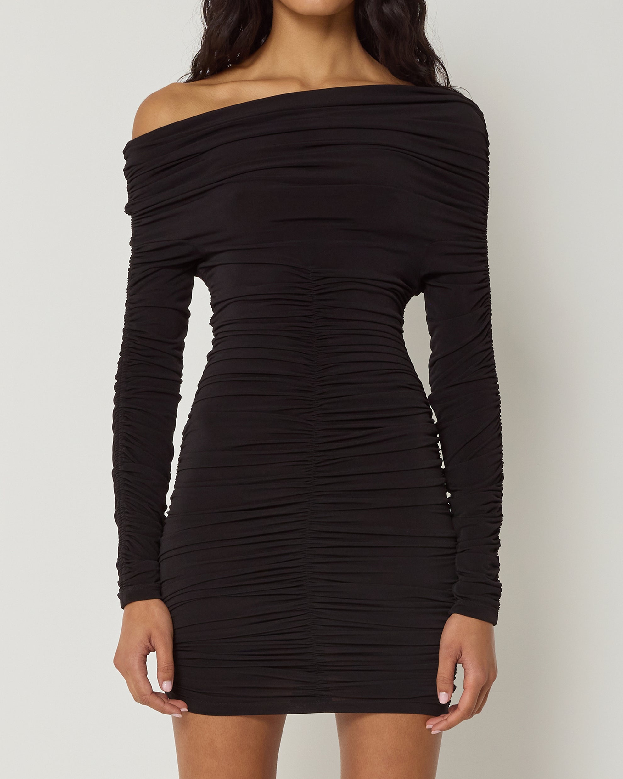 Arlo Ruched Front String-Tie Shoulder Mini Dress Black