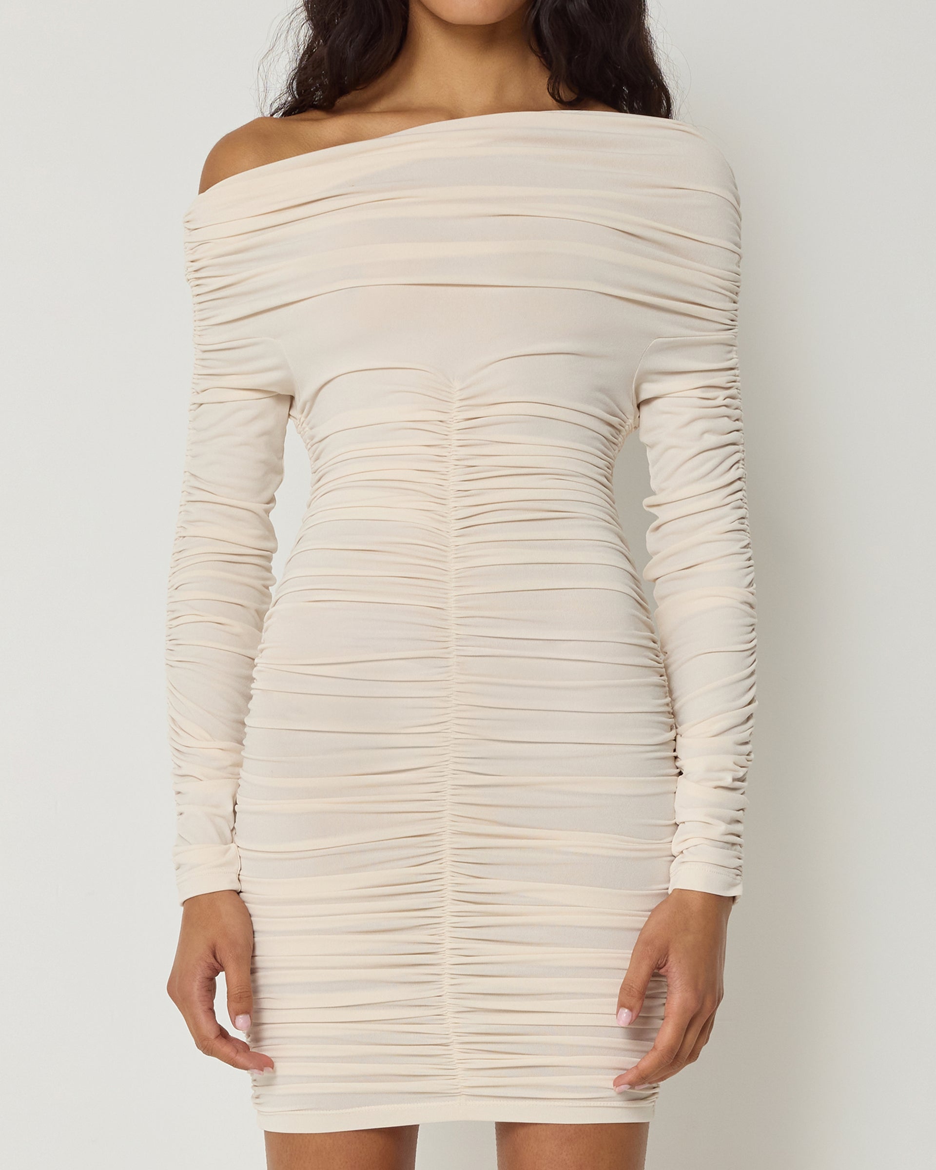 Cream Long Sleeve Ruched Dress Mini