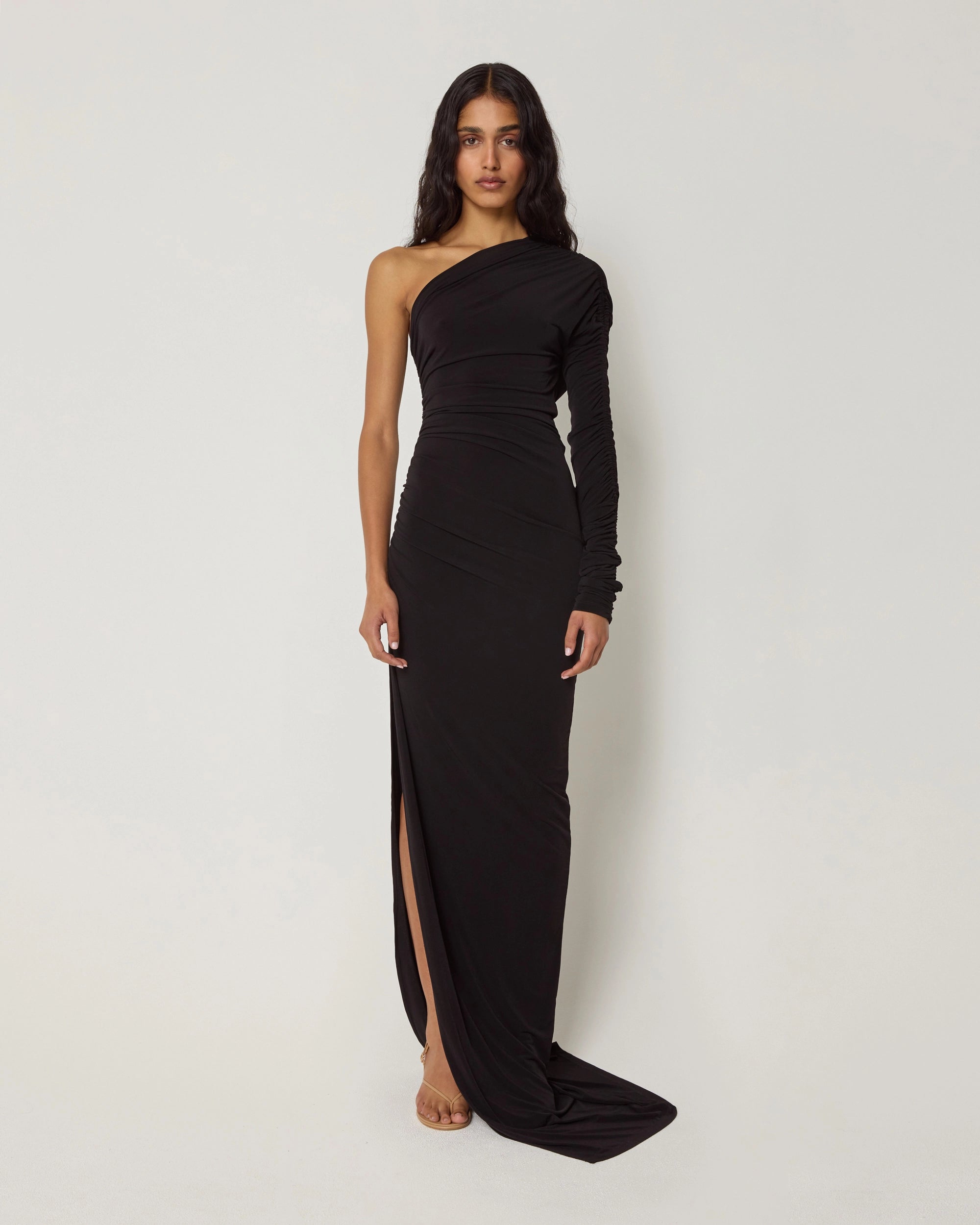 One Shoulder Ruched Gown | Black