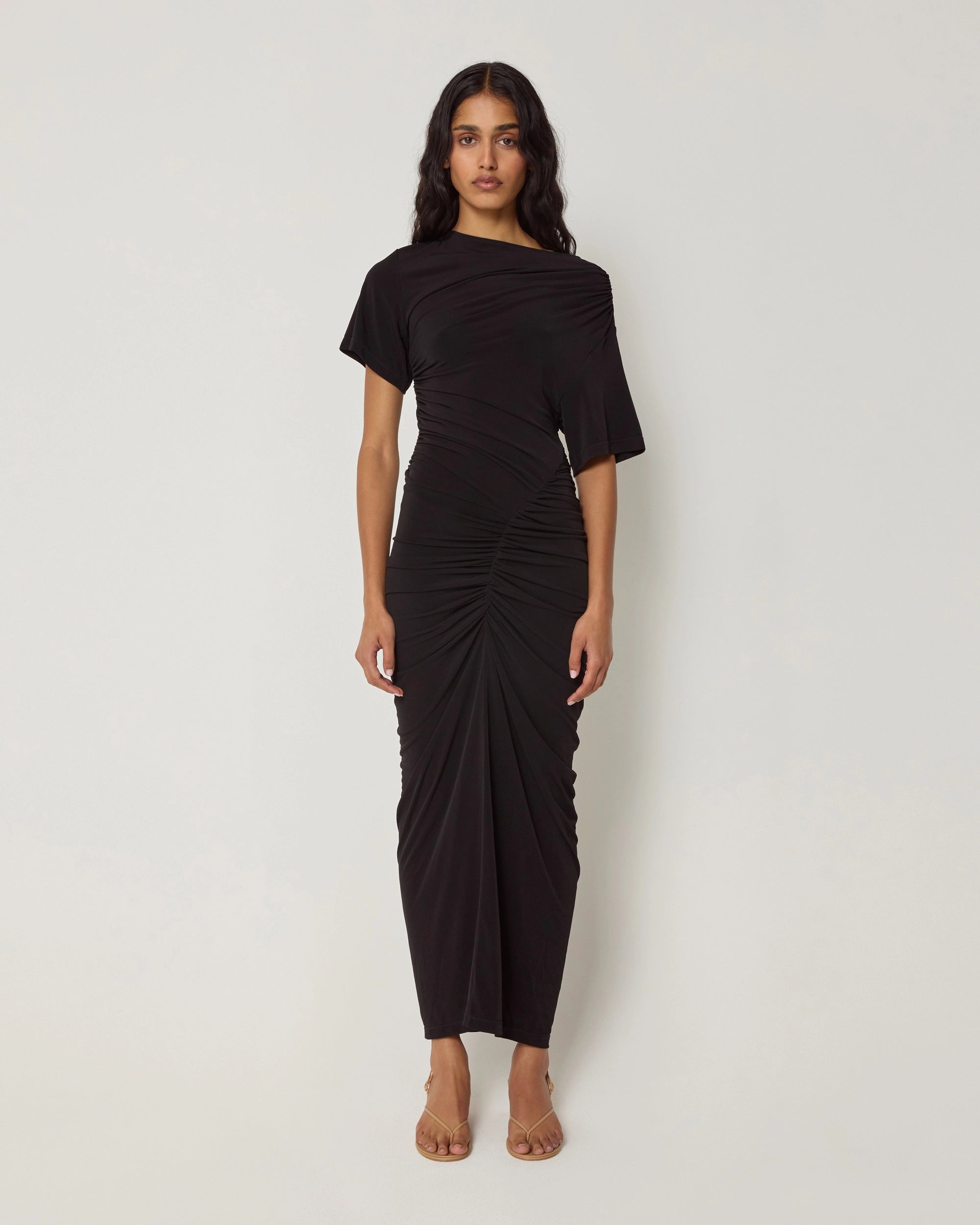 Black Ruched Asymmetrical Maxi Dress Black Ruched Asymmetrical Maxi Dress