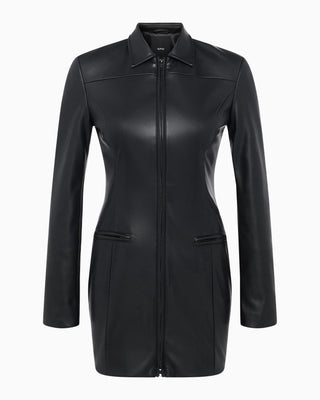 Faux Leather Collared Mini Dress | Black
