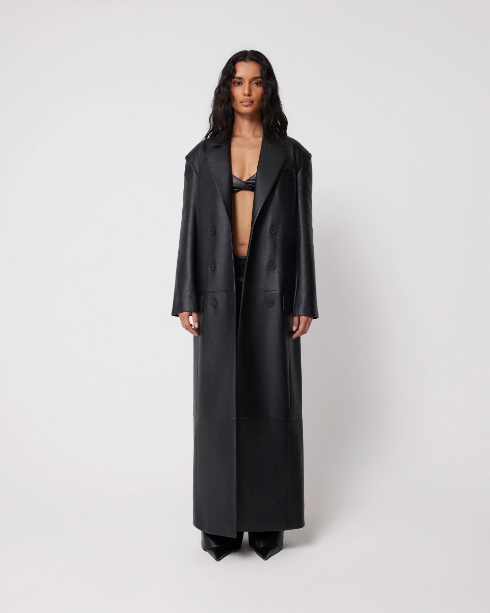 Faux Leather Double Breasted Long Coat | Black