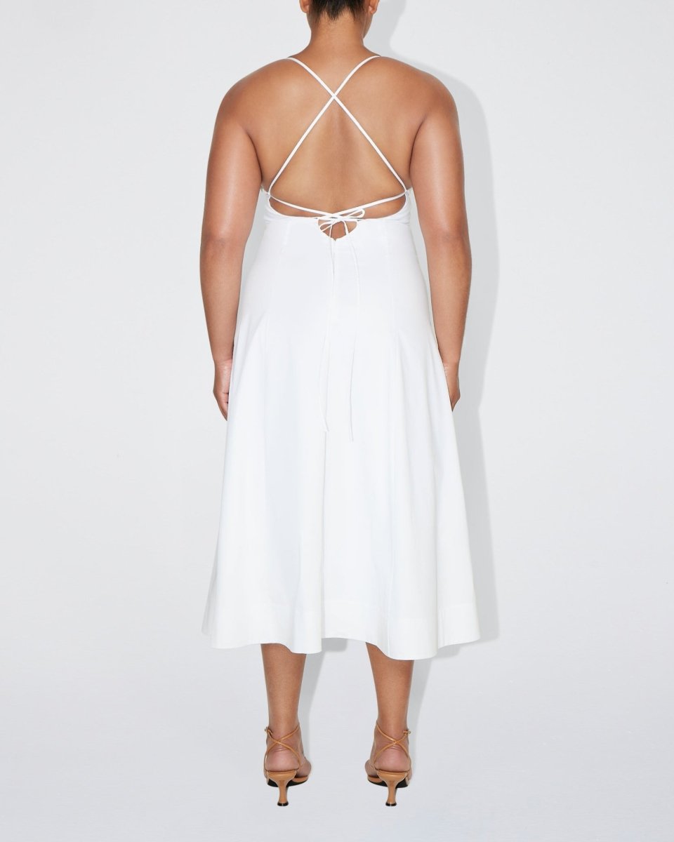 low back midi dress casual White Poplin Low Back Midi Dress Stretch