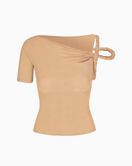 Mesh Stretch Twisted Top | Nude