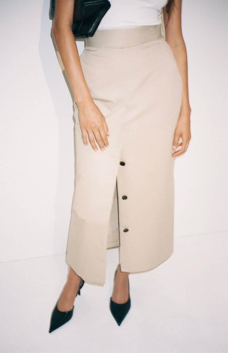 Button Front Maxi Skirt | Taupe