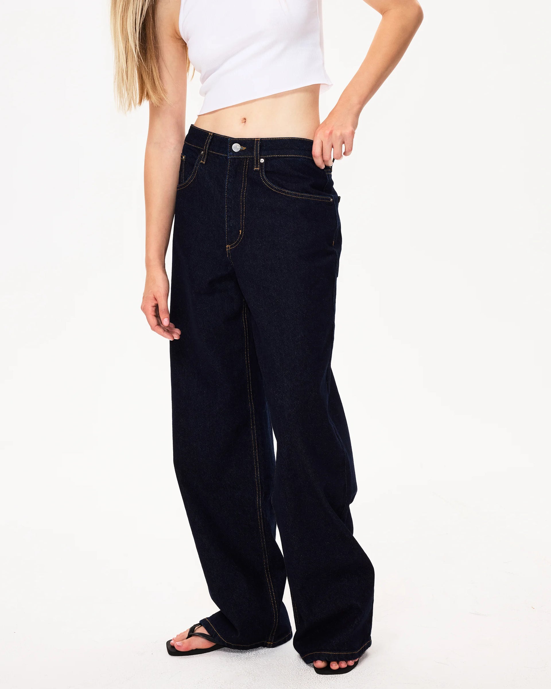 Dark Wash Low Rise Wide Leg Denim Jeans | Khy