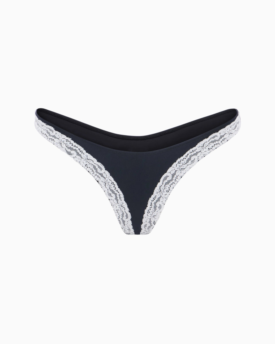 Black lace bikini bottom with white floral lace trim and a high-cut V-front design.