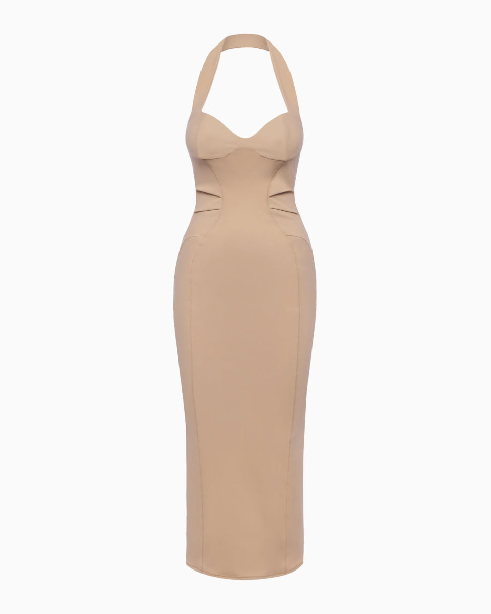 Fitted Halter Dress | Beige