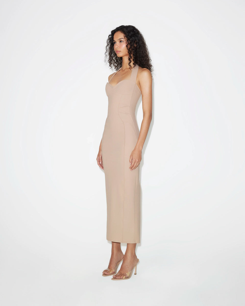 Fitted Halter Dress | Beige