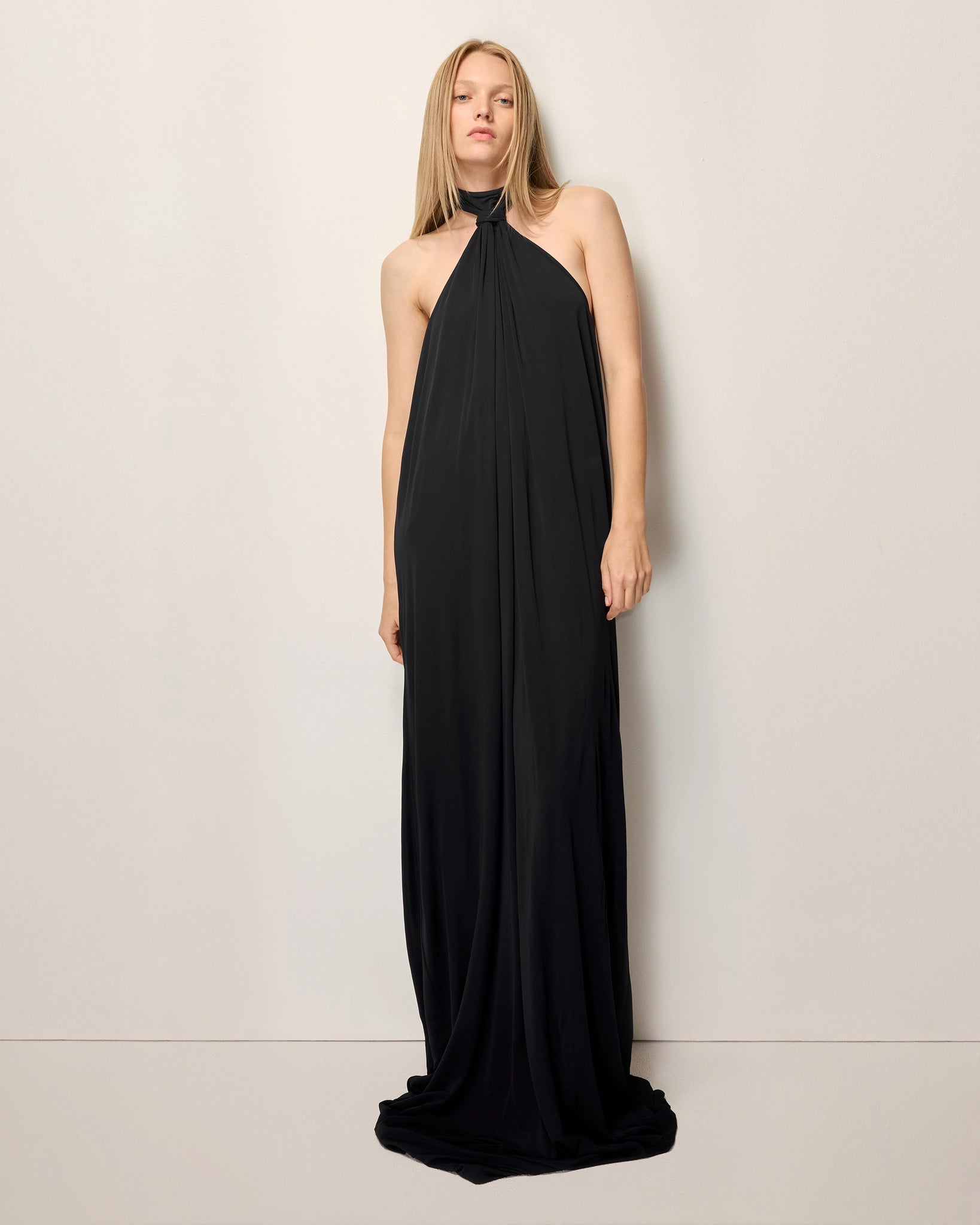 halter black long dress Black Knotted Halter Gown Stretch Fitted