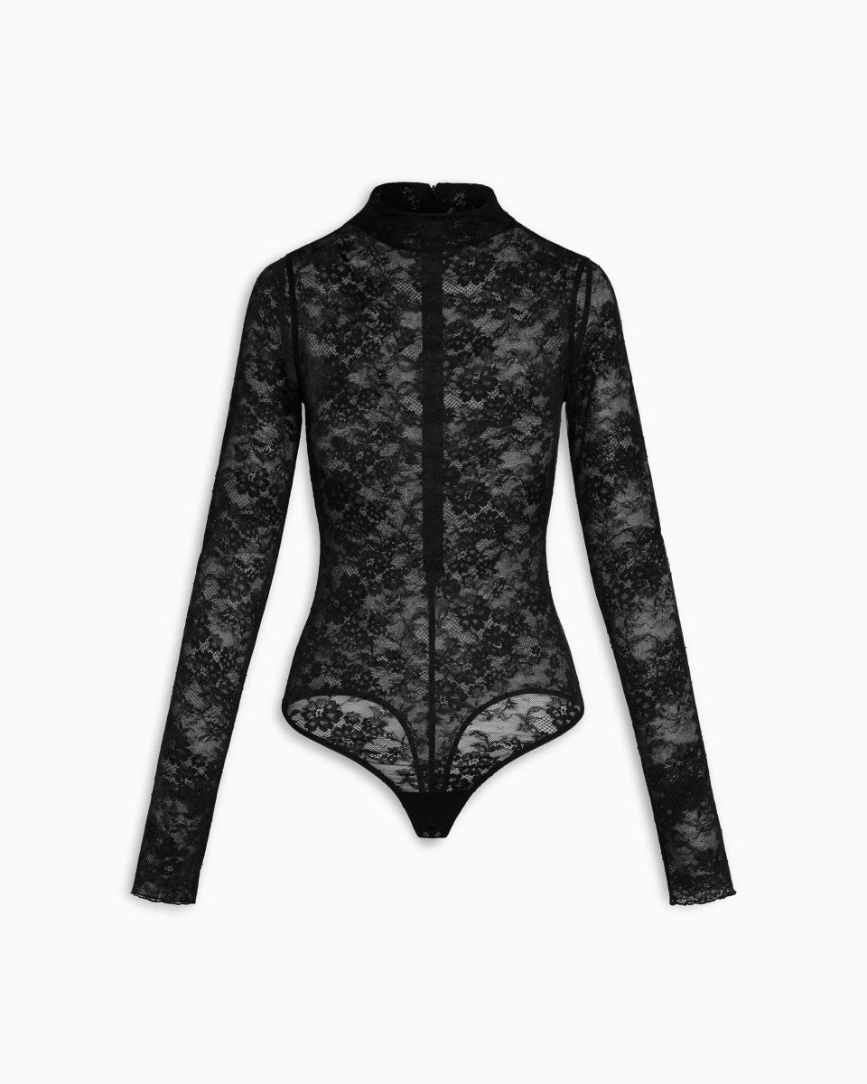 Lace Funnel Neck Bodysuit | Black