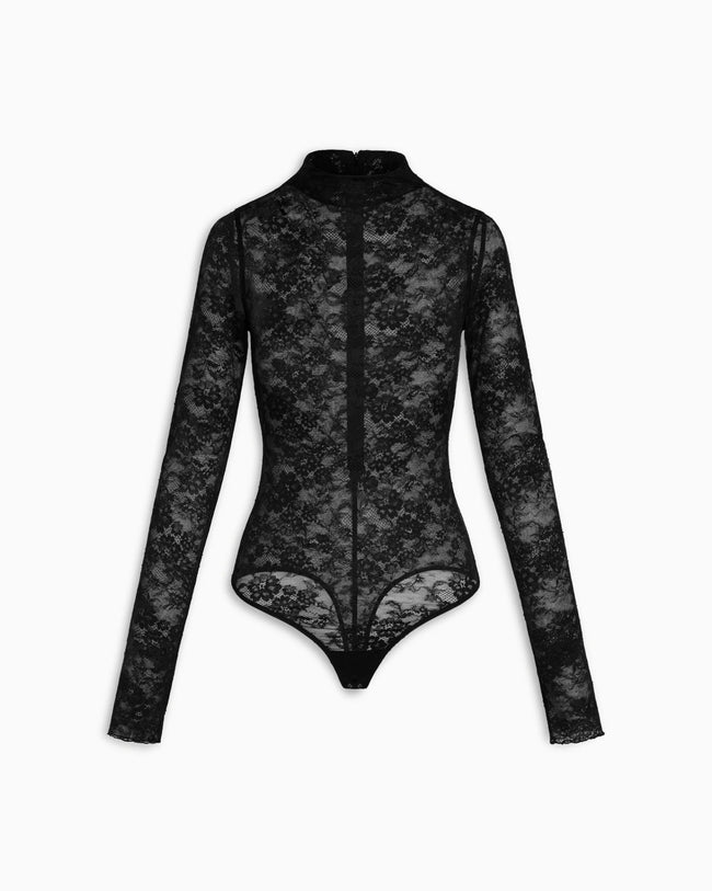 Lace Funnel Neck Bodysuit | Black