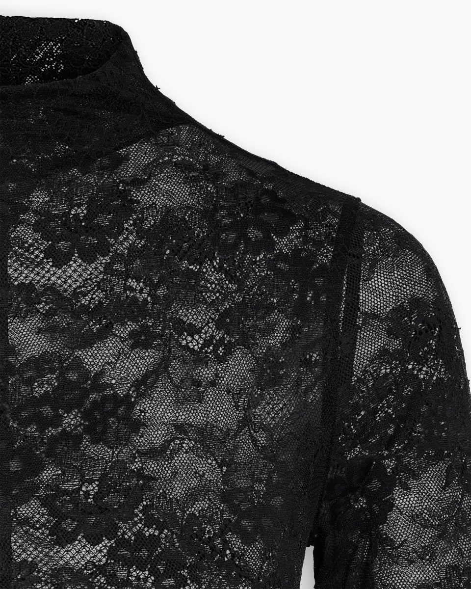 Lace Funnel Neck Bodysuit | Black