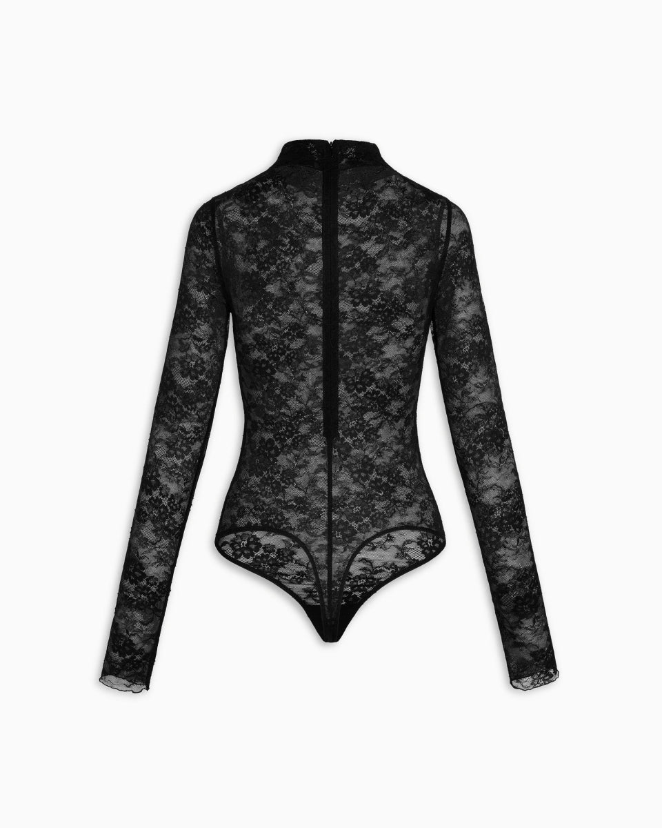 Lace Funnel Neck Bodysuit | Black