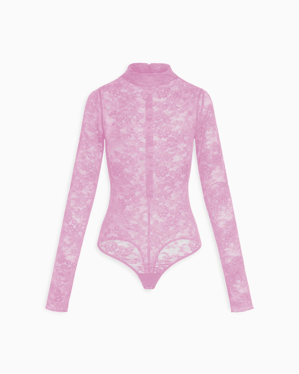 Lace Funnel Neck Bodysuit | Powder Pink