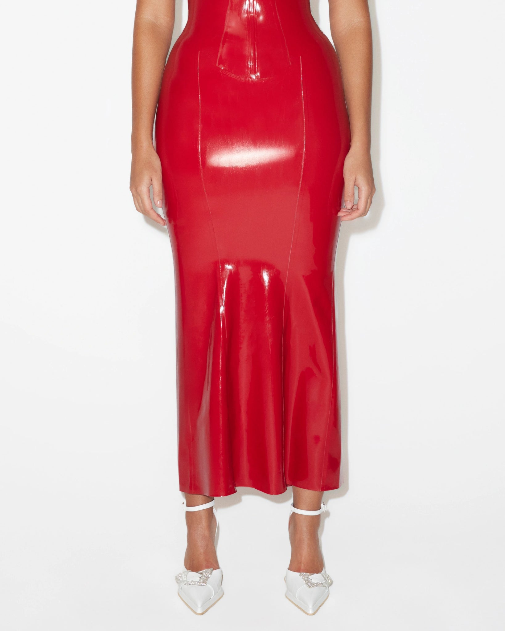 Women's Red Latex Maxi Skirt Stretch Midi