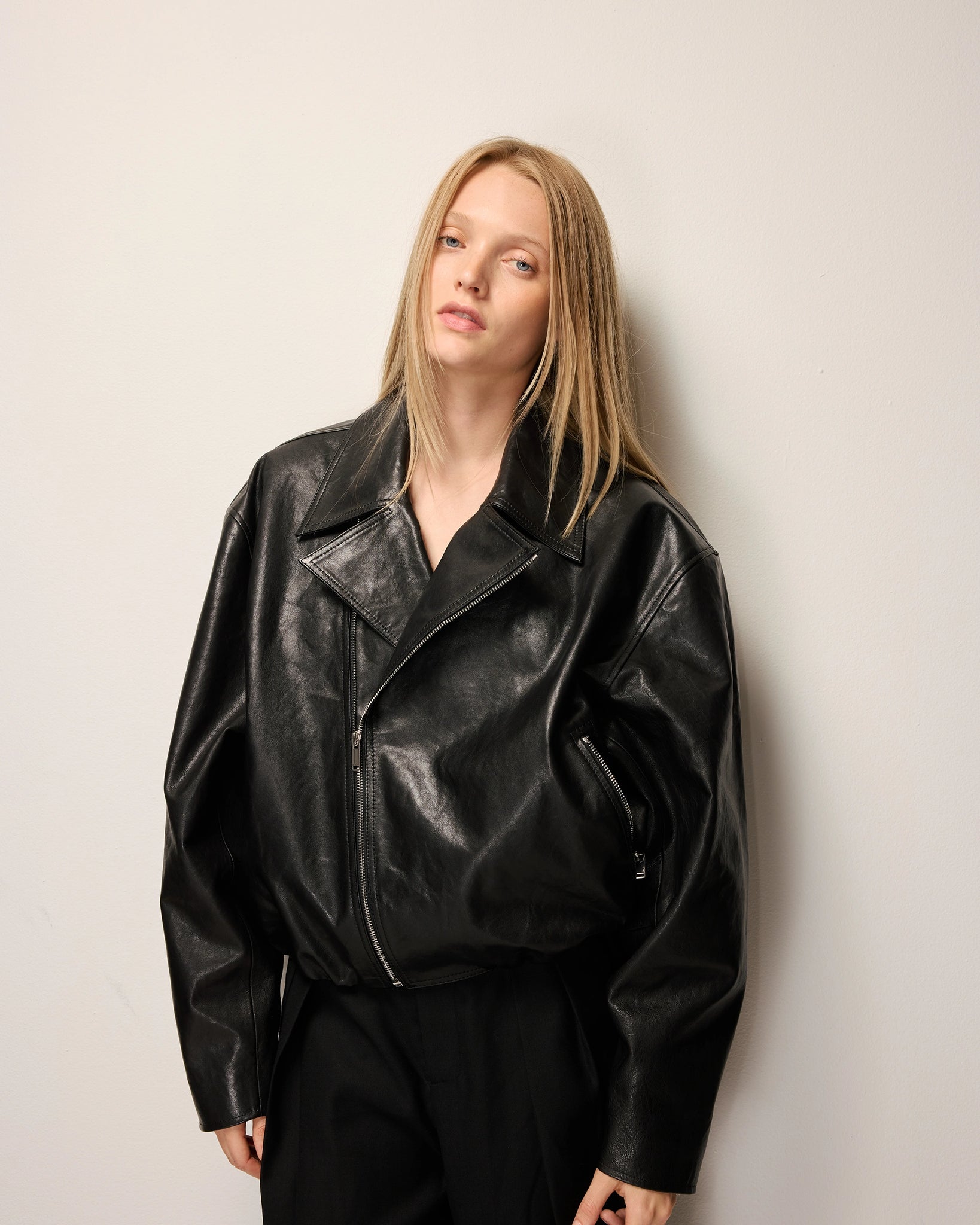 Black Leather Moto Jacket Stretch Fitted | Khy