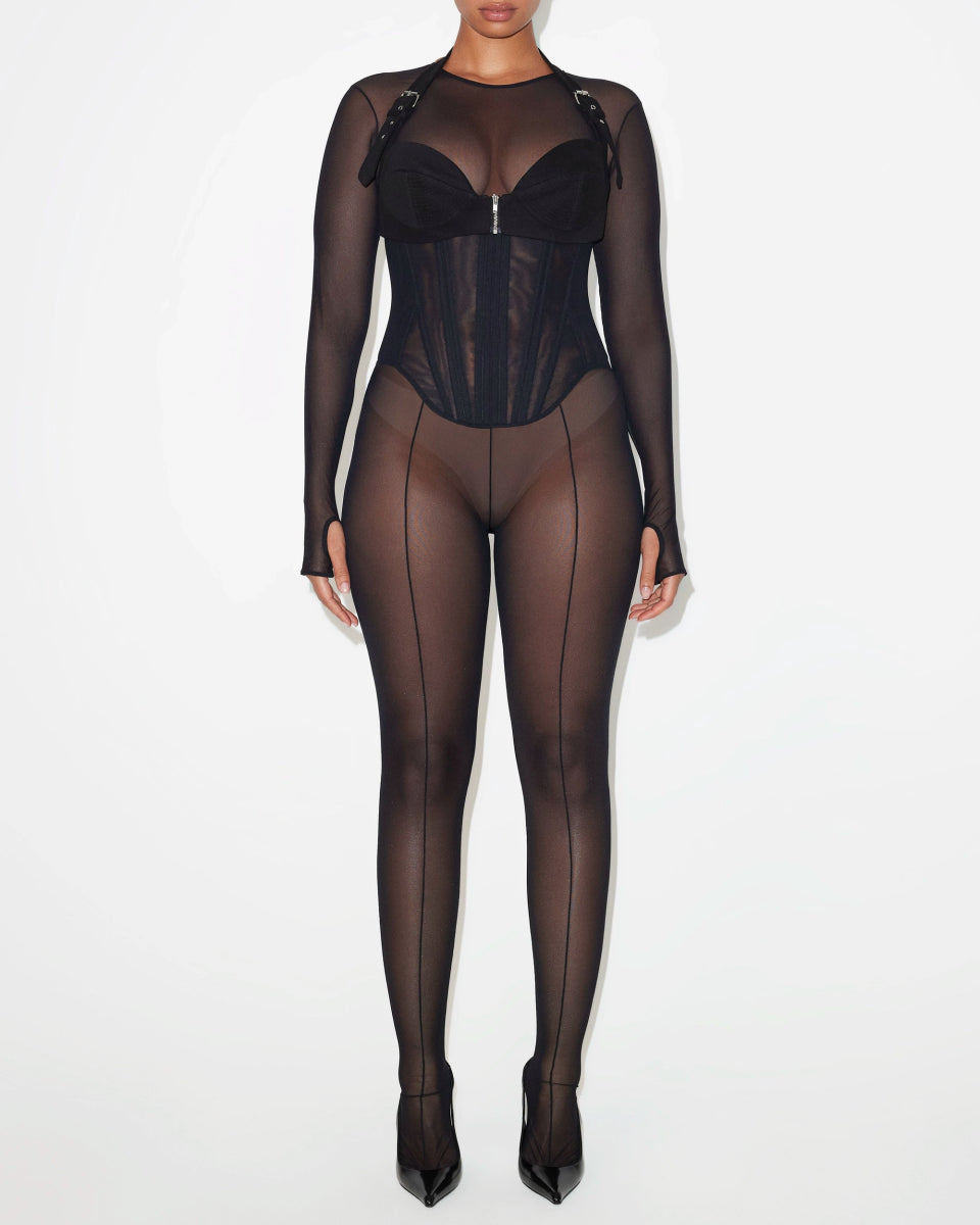 Mesh Corset Catsuit | Black