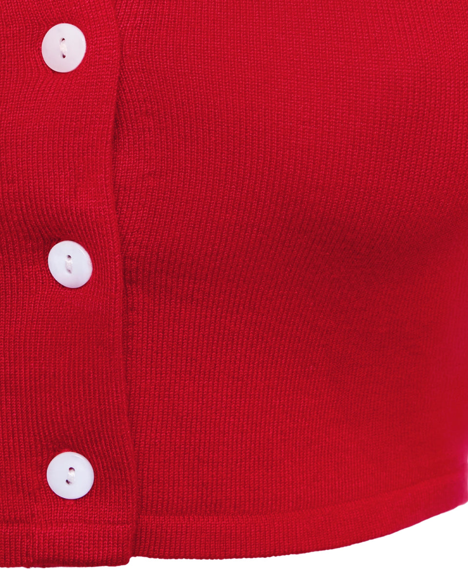 Red button up crop top shown in close-up, featuring white buttons and fine ribbed knit texture.