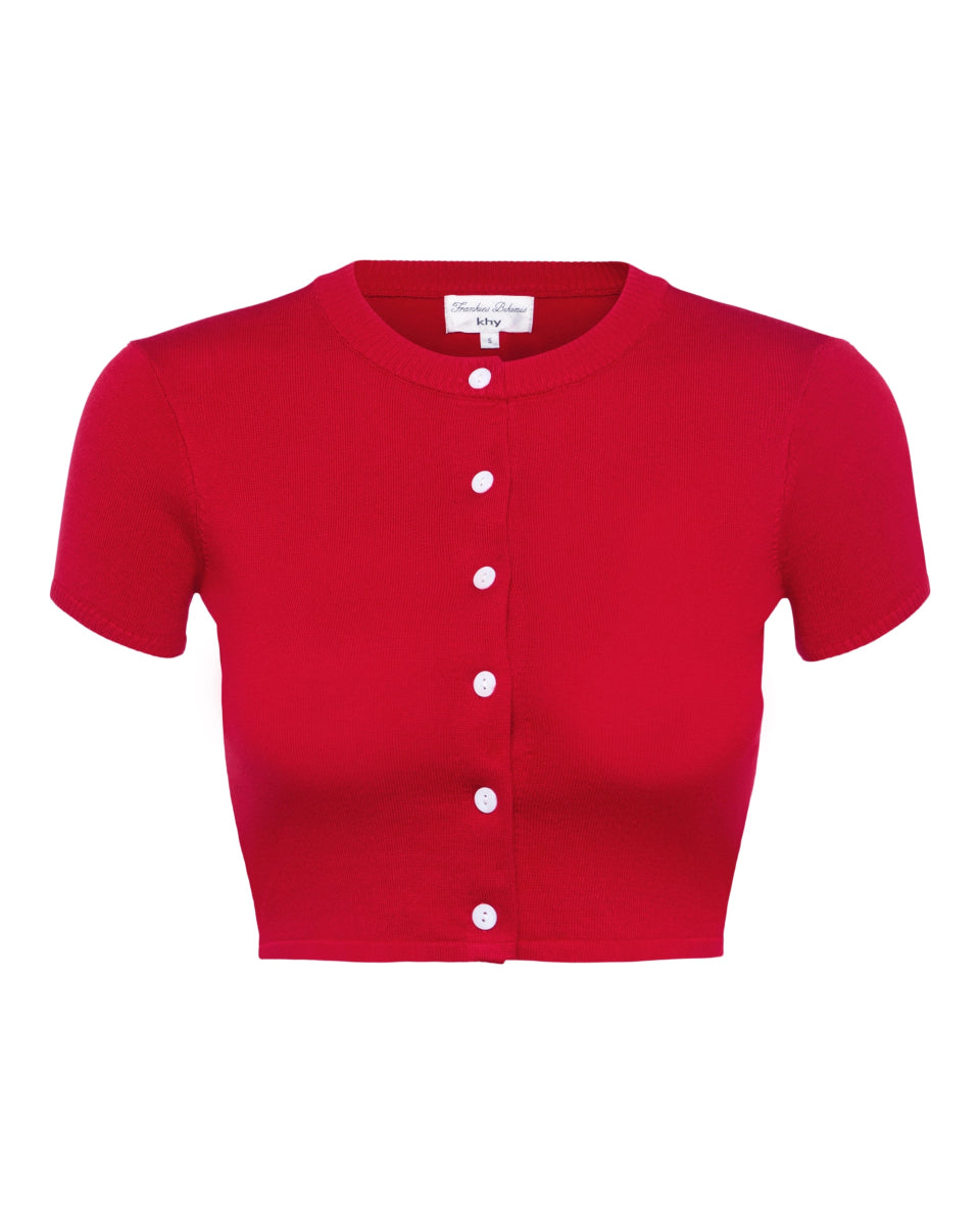 Red button up crop top with short sleeves and white buttons, displayed flat against a white background.